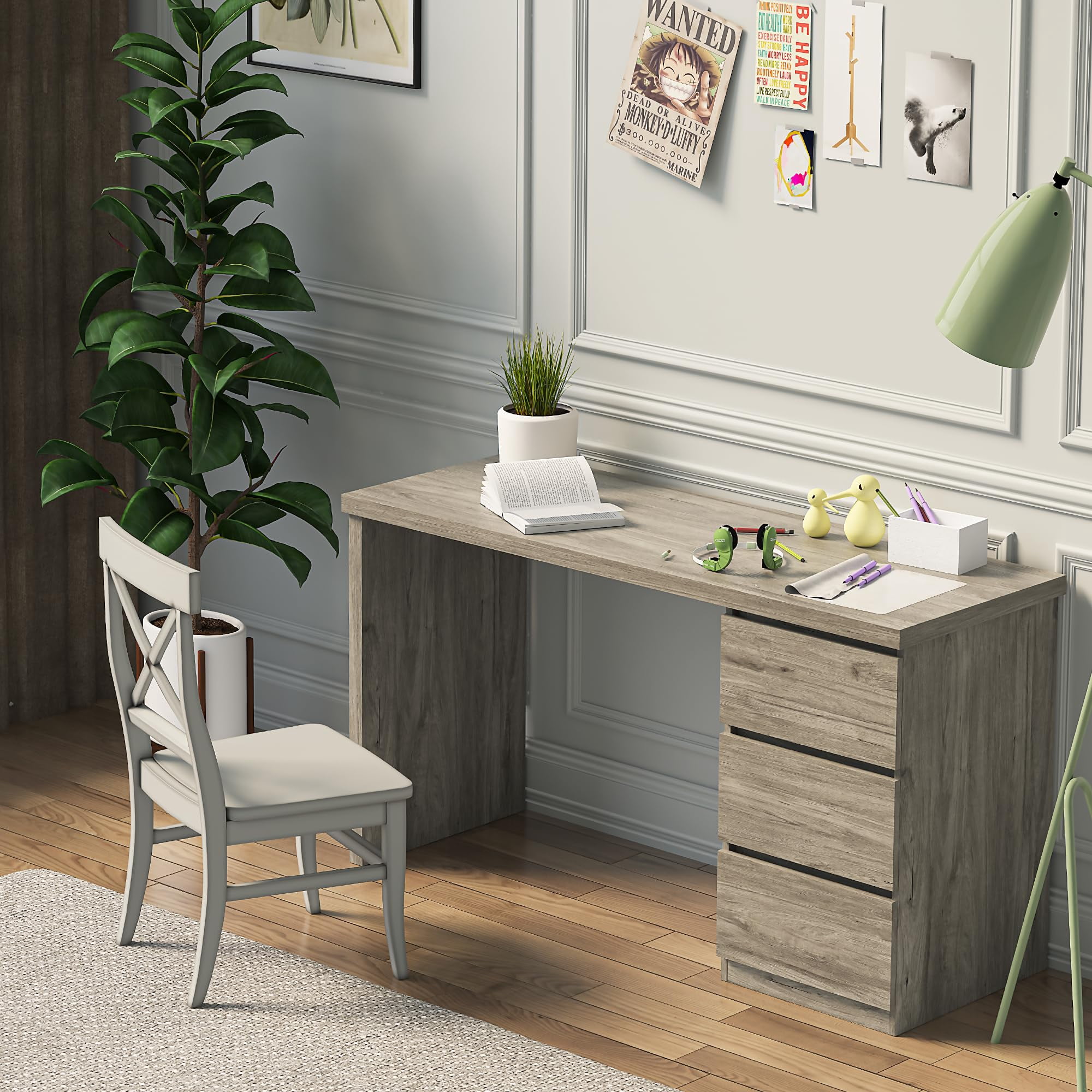 Computer Desk with Drawers, Wood Work Desk, Home Office PC Desk Workstation with Storage, Modern Gaming Computer Table for Bedroom, Living Room, 53.5 inches, Gray Oak