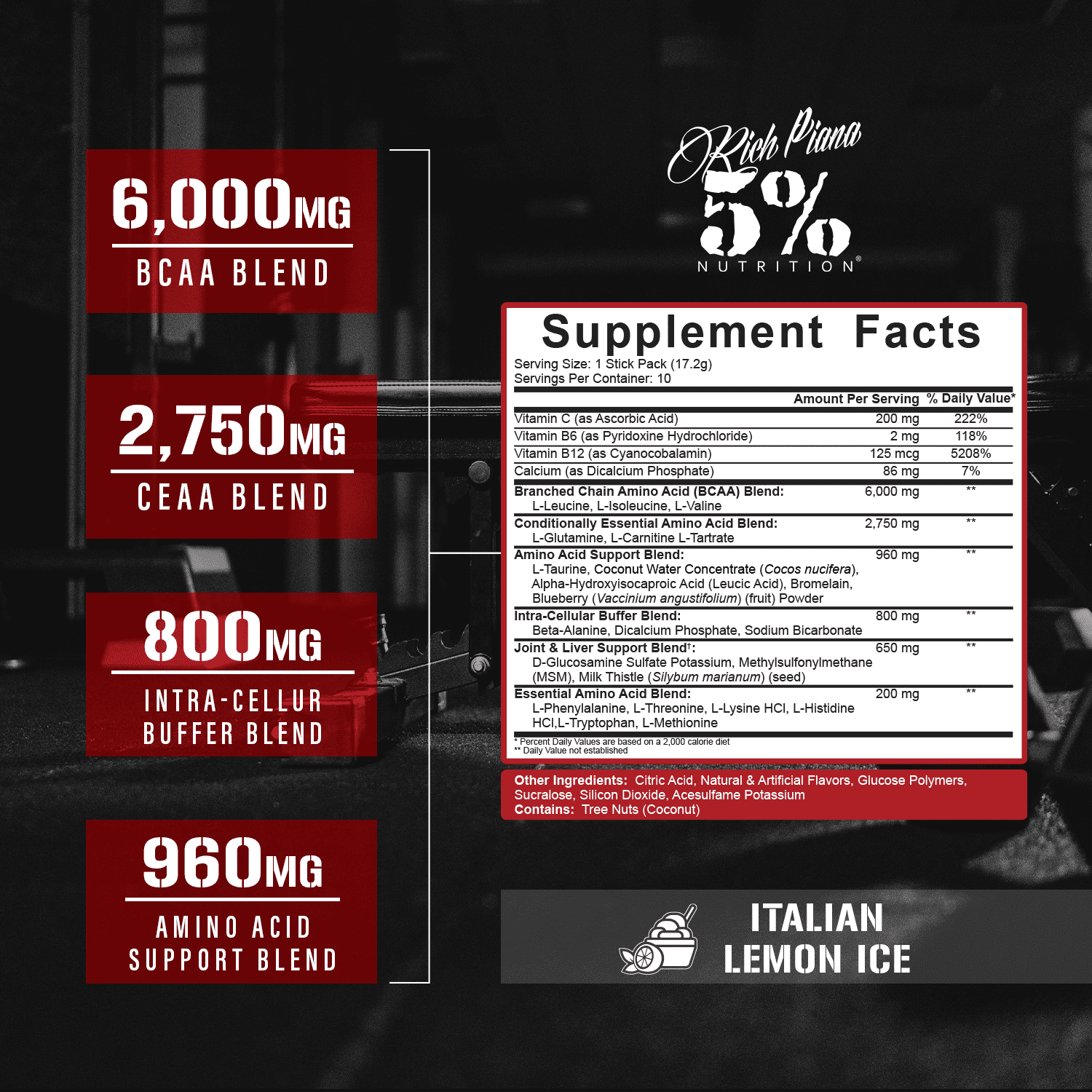 5% Nutrition Rich Piana AllDayYouMay Amino Acid Powder | 9g of Premium Intra & Post Workout Amino Acids for Hydration, Endurance, and Muscle Support (Italian Lemon Ice Flavor)