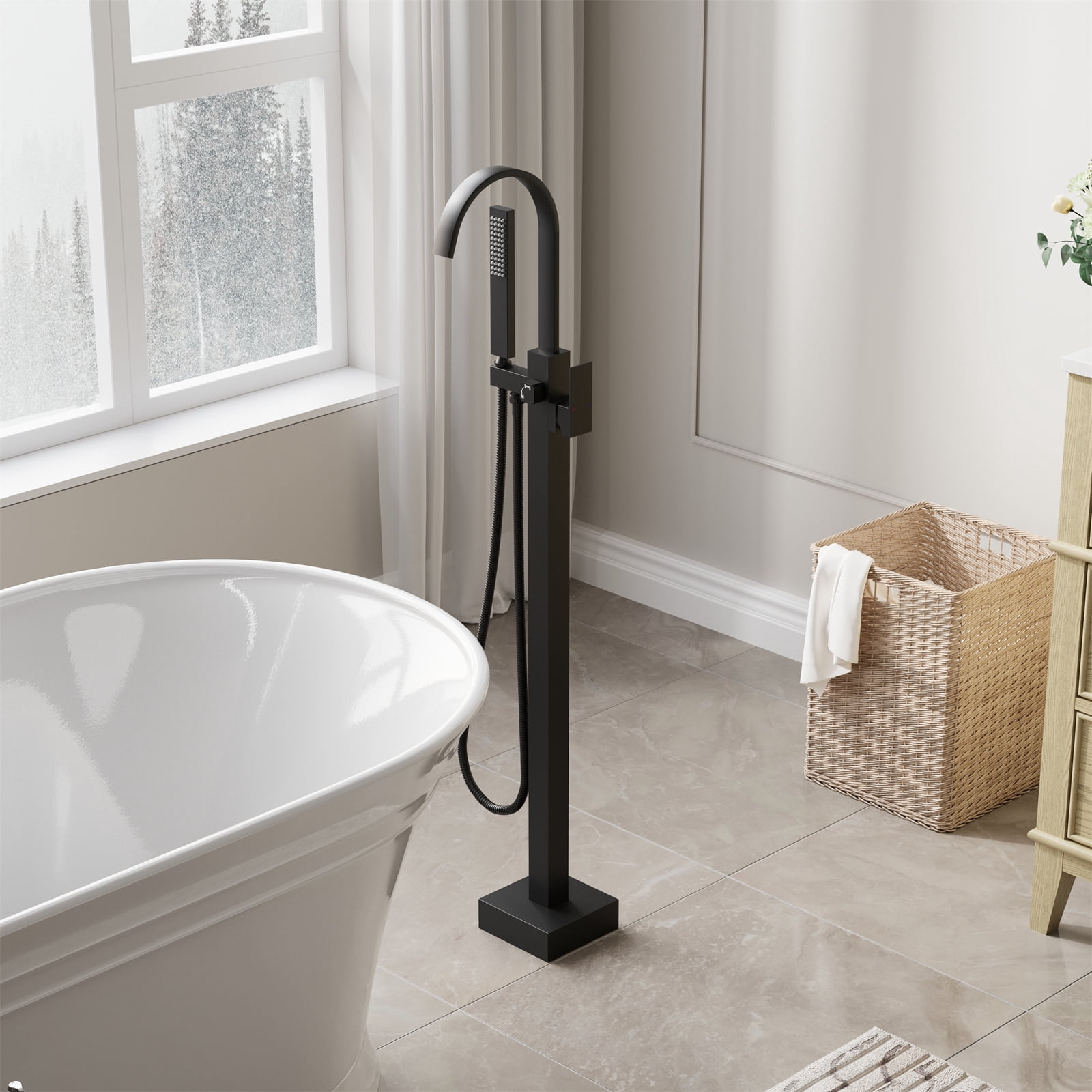 ANGELES HOME Free Standing Bathtub Faucet, Single Handle Floor Mounted Tub Filler Faucet with Handshower, Matte Black