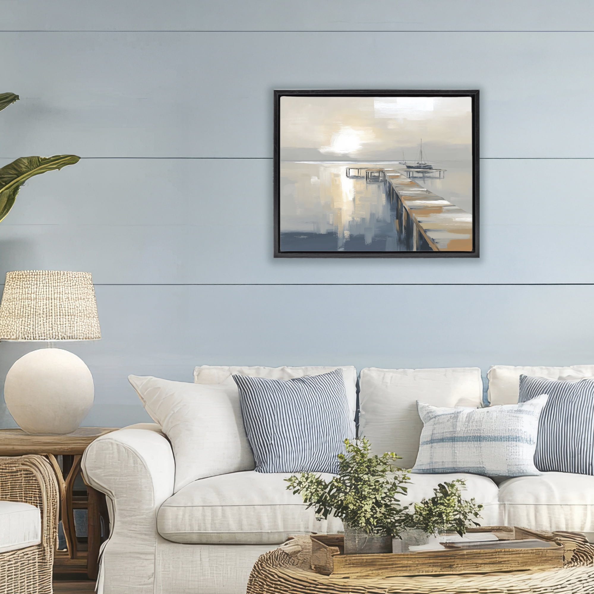 Stupell Industries Pier with Sailboat Seascape Black Framed Floater Canvas Wall Art, design by Kim Curinga