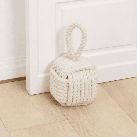 Decorative Door Stoppers - Cute Rope Knot Design, Heavy Duty Weighted Doorstop with Inside Mount for Home & School, Beige
