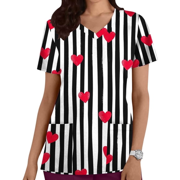 SBYOJLPB Womens Nursing Uniform Shirt with Pockets Valentines Day Love Printed V-Neck Short Sleeve