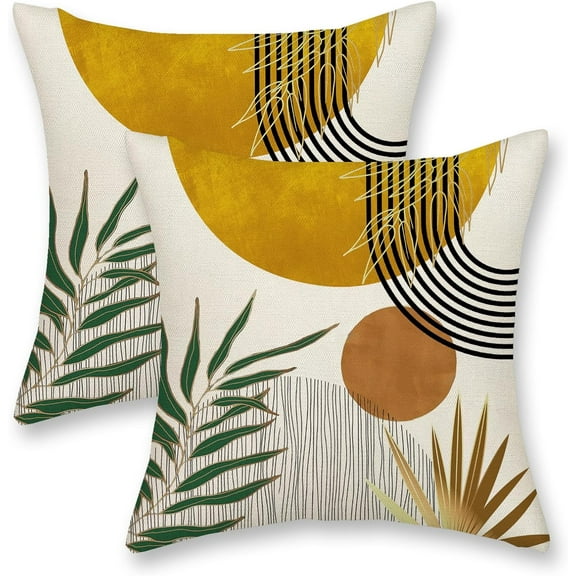 Mustard Yellow Boho Pillow Covers 18x18 Inch 2 Pcs Tropical Leaf Mid Century Outdoor Decor Throw Pillows Modern Geometric Farmhouse Decoration Pillowcase Linen Cushion Cover for Couch Sofa