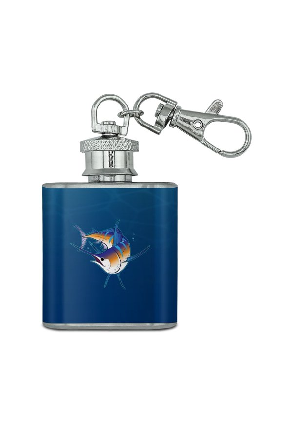 Blue Marlin Swimming in Ocean Stainless Steel 1oz Mini Flask Key Chain