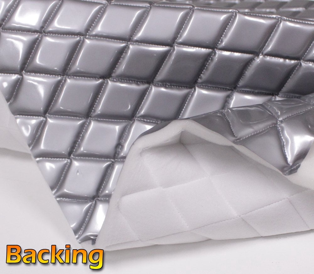 Quilted Vinyl Padded Upholstery Fabric w 3/8" Foam Backing Glossy Grain 2"x3" Diamond /52" Wide/Continuous Yard/ Car Seat Upholstery, Classic Car Restoration, Patio Outdoor Furniture Vinyl (SILVER)