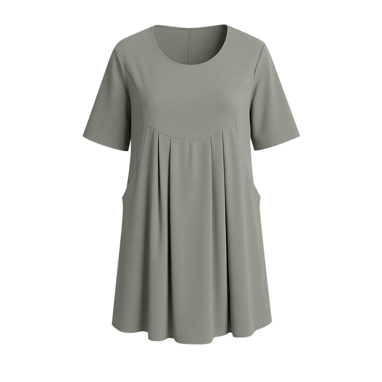 summer dresses for short older ladies jtjvou Sleeve Loose Women Crewneck Pleated Casual Dress Seniors Dress with Pockets Gray XXL related:omoni-dress-washed-ditsy-yellow