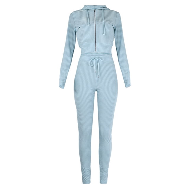Mujeres sudaderas con capucha cremallera manga larga Slim elástico cordón trajes para mujeres azul claro L