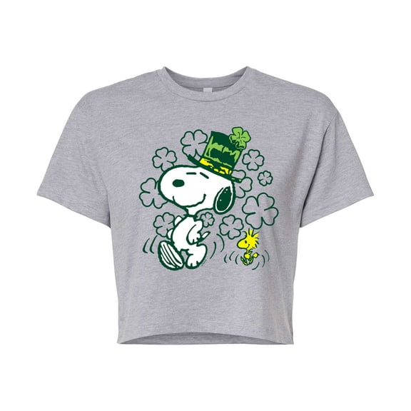 Peanuts - St. Paddy's Snoopy & Woodstock - Juniors Cropped Graphic T-Shirt