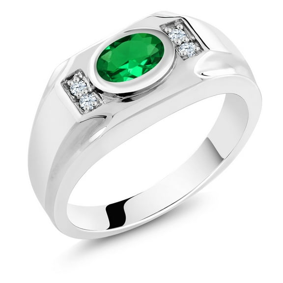 Gem Stone King 1.31 Cttw Green Nano Emerald and White Created Sapphire Ring for Men | 925 Sterling Silver | Gemstone May Birthstone | Oval 8X6MM | Available in Size 7, 8, 9, 10, 11, 12, 13 | Size 11