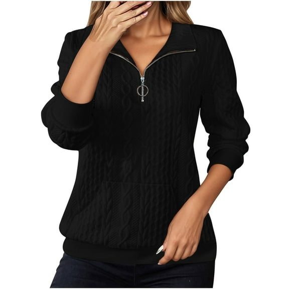 SGMVNU Women's Quilted Sweatshirts Zipper Neck Long Sleeve Textured Solid Casual Loose Fashion Fall Pullover Tops(Black,L)