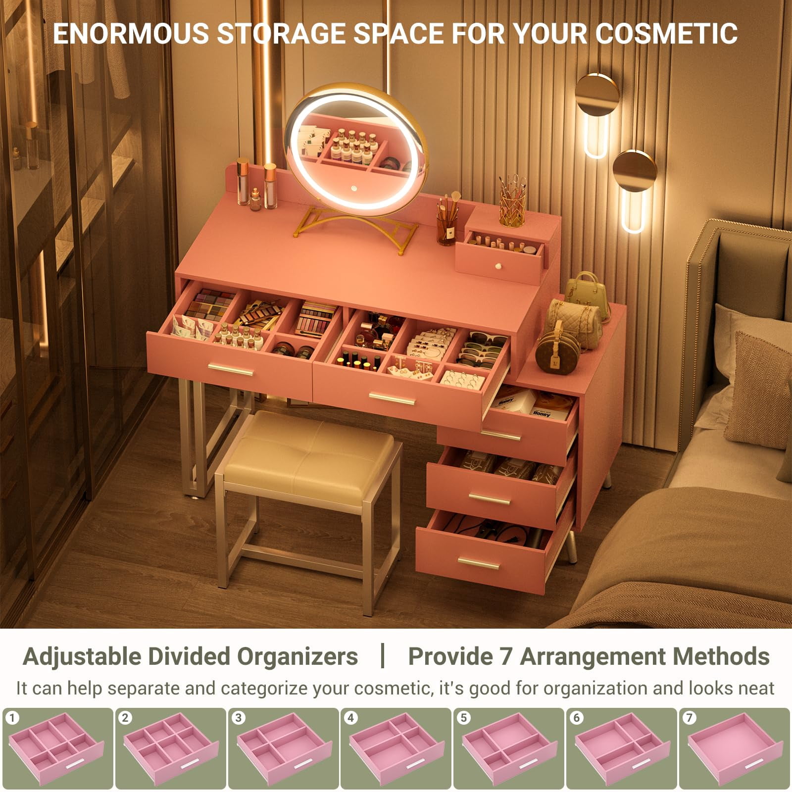 Homieasy Vanity Desk with Mirror and Lights, Modern Makeup Vanity Table Set with 6 Storage Drawers and Cushioned Stool for Bedroom, Dressing Table with Divided Organizers for Women, Pink