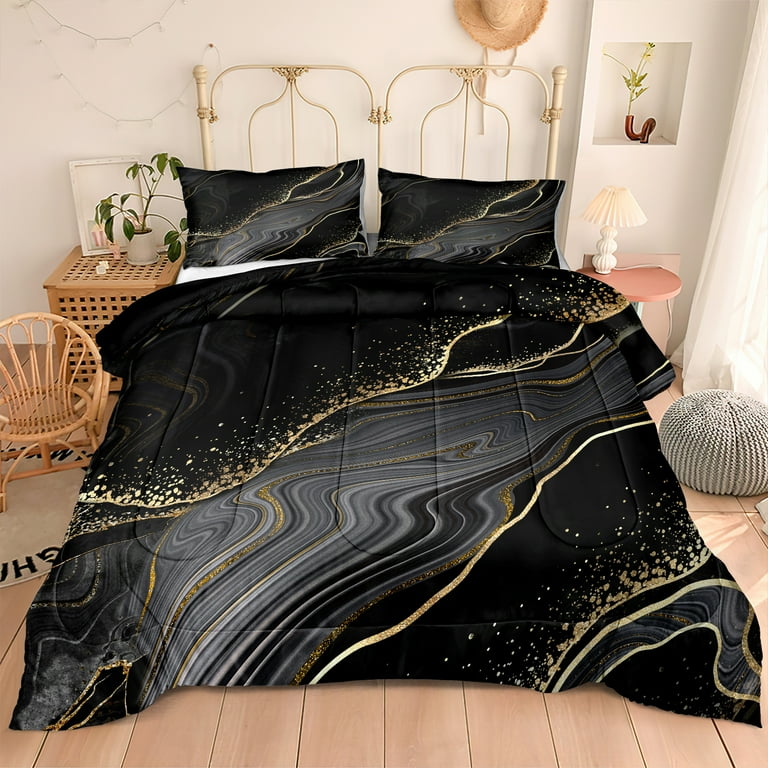 Move Over Queen Comforter Set Black Gold Marble Bedding Soft Microfiber Fill Fade Resistant Walmart