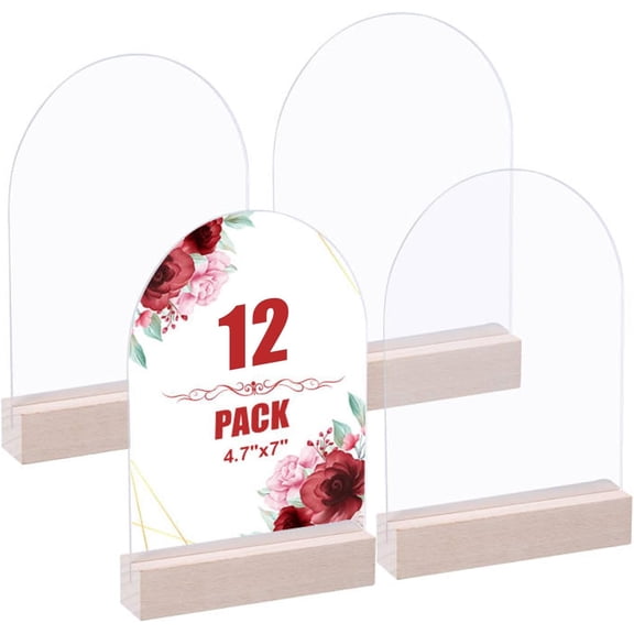 12 Pack 4x6inch DIY Blank Frosted Arch Acrylic Sign Holder Clear Acrylic Frames Wood Base Slant Back Display Plastic Sign Holder Standing with Wood Base for Wedding diy