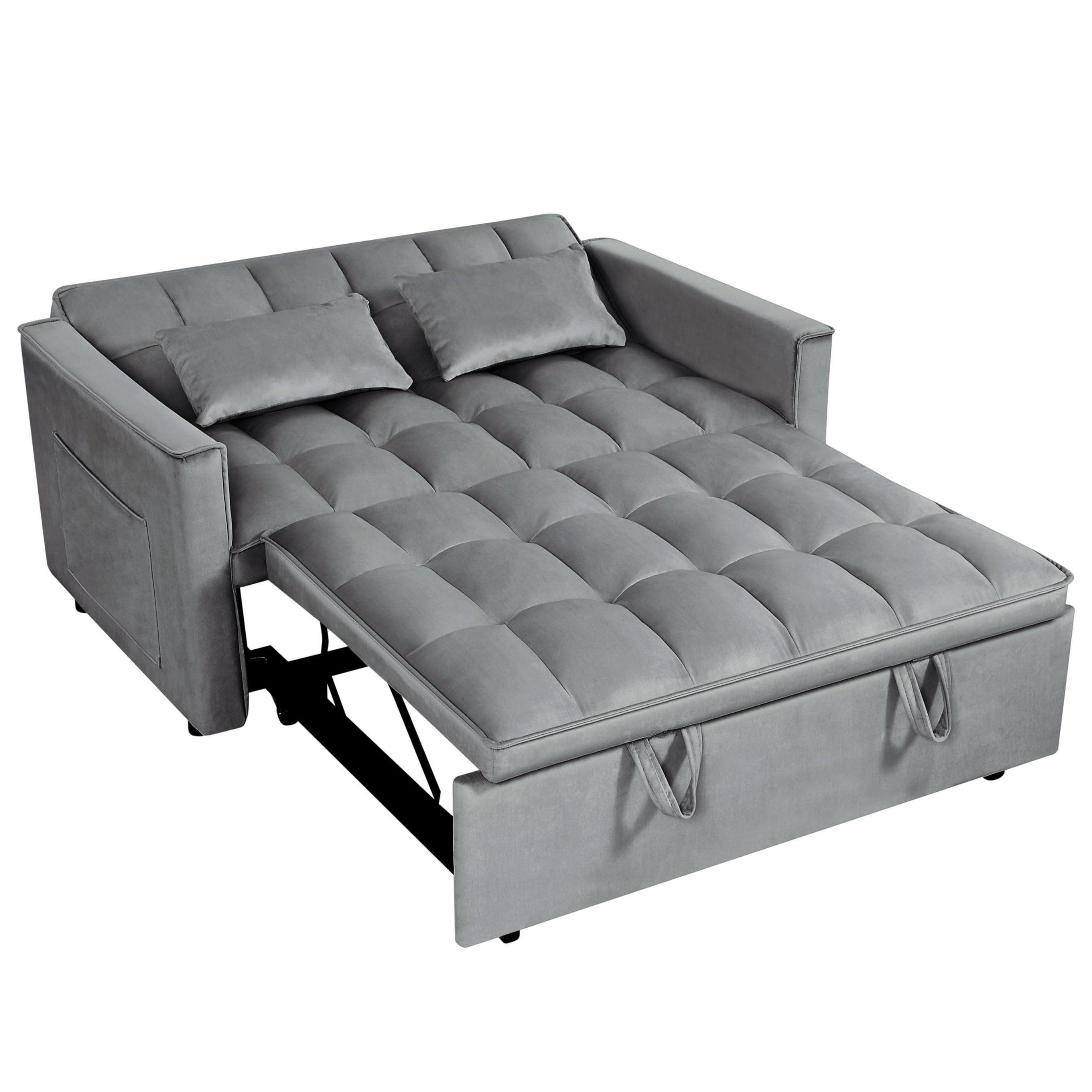 BSHTI 54" Pull-Out Sleeper Sofa Bed, Twin Size with Solid Wood Frame, 3-Position Reclining Back, Velvet Upholstery with Piping, Side Pocket Storage, 2 Pillows Included,Dark grey