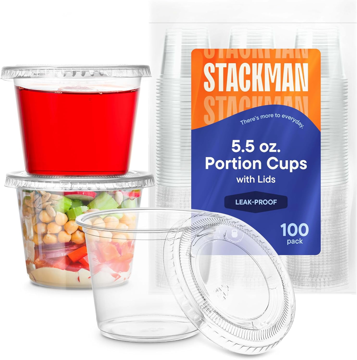 Stack Man [100 Sets - 5.5 oz.] Plastic Clear Portion Cups, Snack Cups, Disposable Containers with Lids 5.5oz. | Jello Shot Cups, Dipping Sauce Cup, Salad Dressing Container,