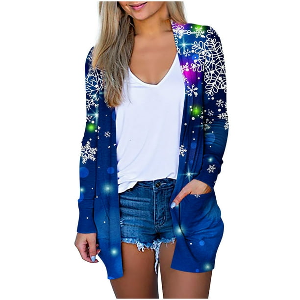 Olyvenn Christmas Printing Open Front Cardigan Womens Tops Casual Plus Size Loose Fashion Woman