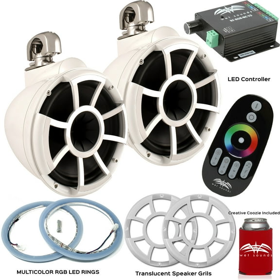 Wet Sounds REV10W-SC Swivel Clamp Tower Speakers with RGB LED Speaker Rings, Translucent Grills & LED Controller - White