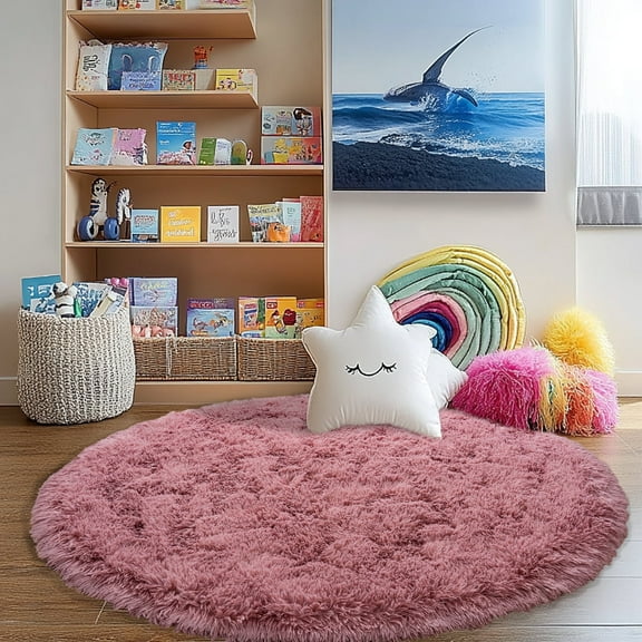 Socofuz 3'x3' Round Fluffy Rugs for Bedroom Living Room Home,Cute Shaggy Carpet for Kids Girls Princess, Blush Pink