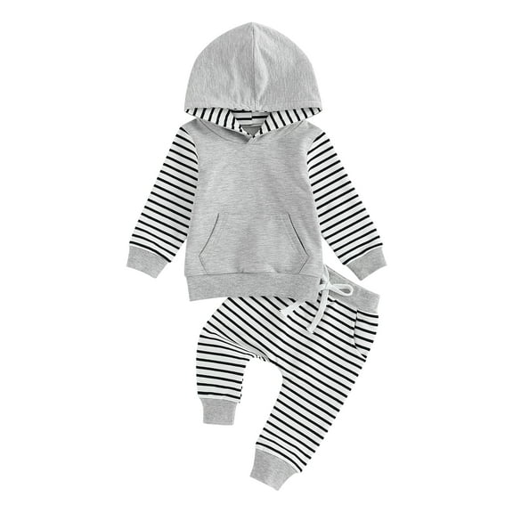 Bagilaanoe 2Pcs Toddler Baby Boy Long Pants Set Striped Long Sleeve Hoodie Pullover Tops Sweatpants 6M 12M 18M 24M 3T Kids Casual Sweatsuits