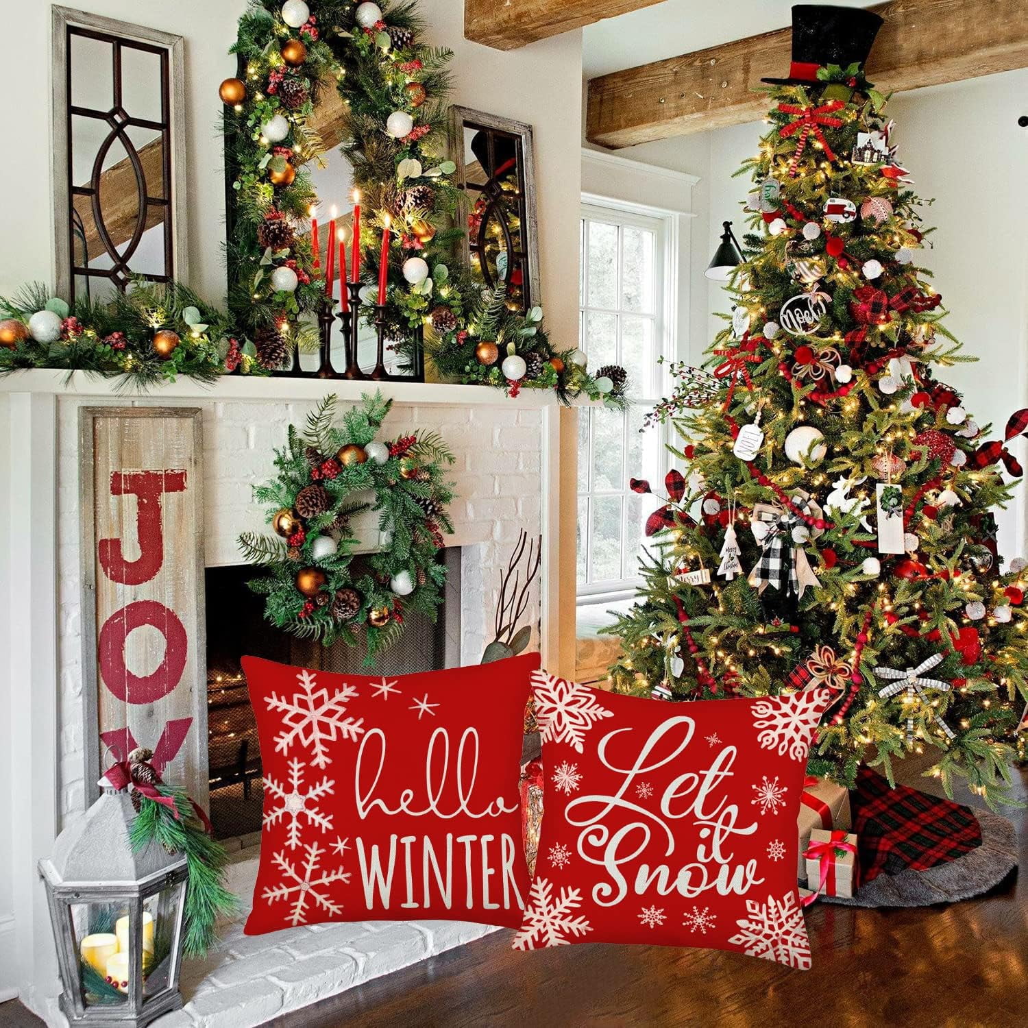 Winter Christmas Pillow Covers 20x20 Inch Silver Truck Snowflake with Red Farm Xmas Tree Snowman Baby It‘s Cold Outside Let it Snow Throw Pillow Cases New Year Decor Set of 4 Cushion Cover