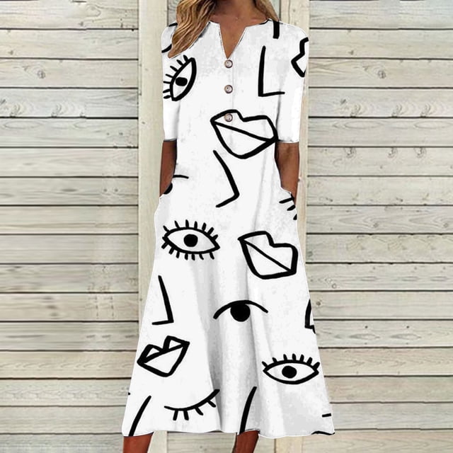 Puntoco Vestido De Manga Corta Con Cuello En V, Vestido De Bolsillo De Manga Corta Con Botones Y Cuello En V Estampado Para Mujer Blanco (31401)