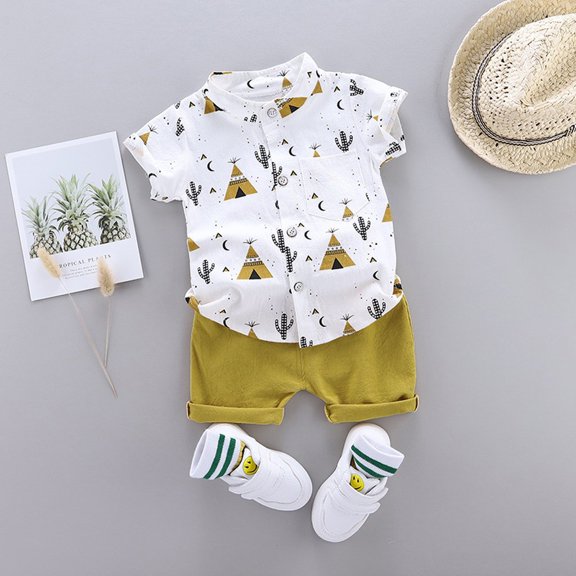 Vedolay Short Set For Boy Casual Clothes Set Children for Boys Short Sleeve Cartoon Prints T Shirt Tops Shorts Child Outfits,Yellow 12-18 Months