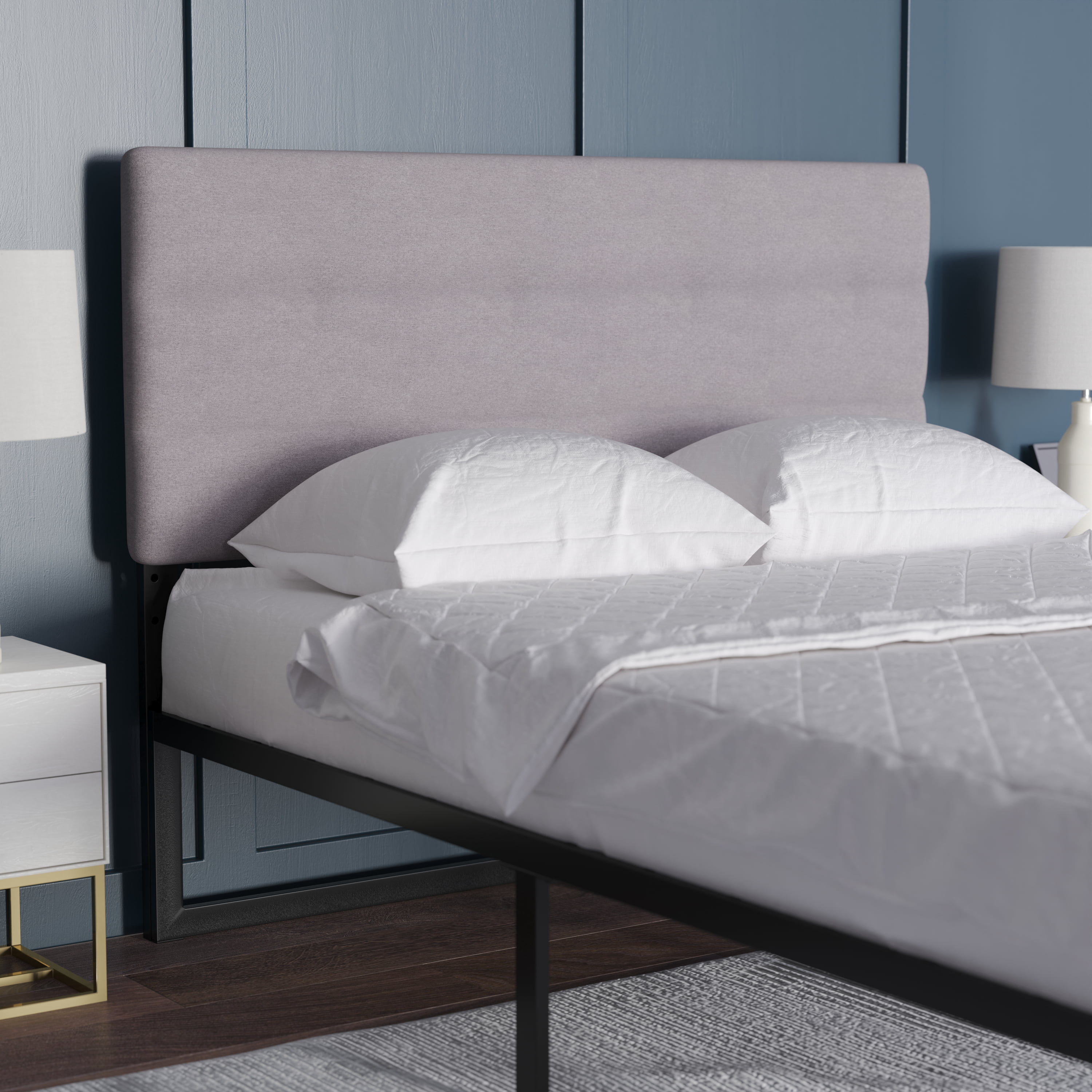 Emma + Oliver Modern Gray Fabric Upholstered Queen Headboard with Horizontal Line Stitching and Adjustable Height Rail Slots