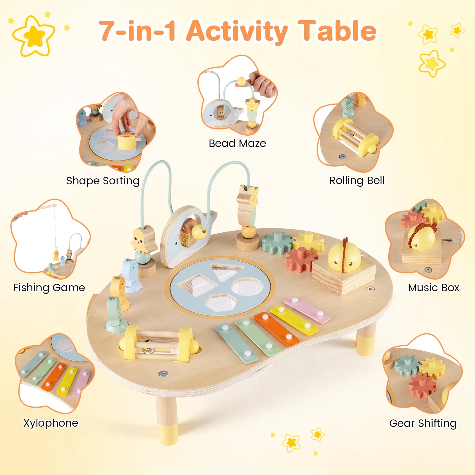 Costway 7-in-1 Toddler Activity Table with Bead Maze, Fishing Game, Xylophone, Music Box