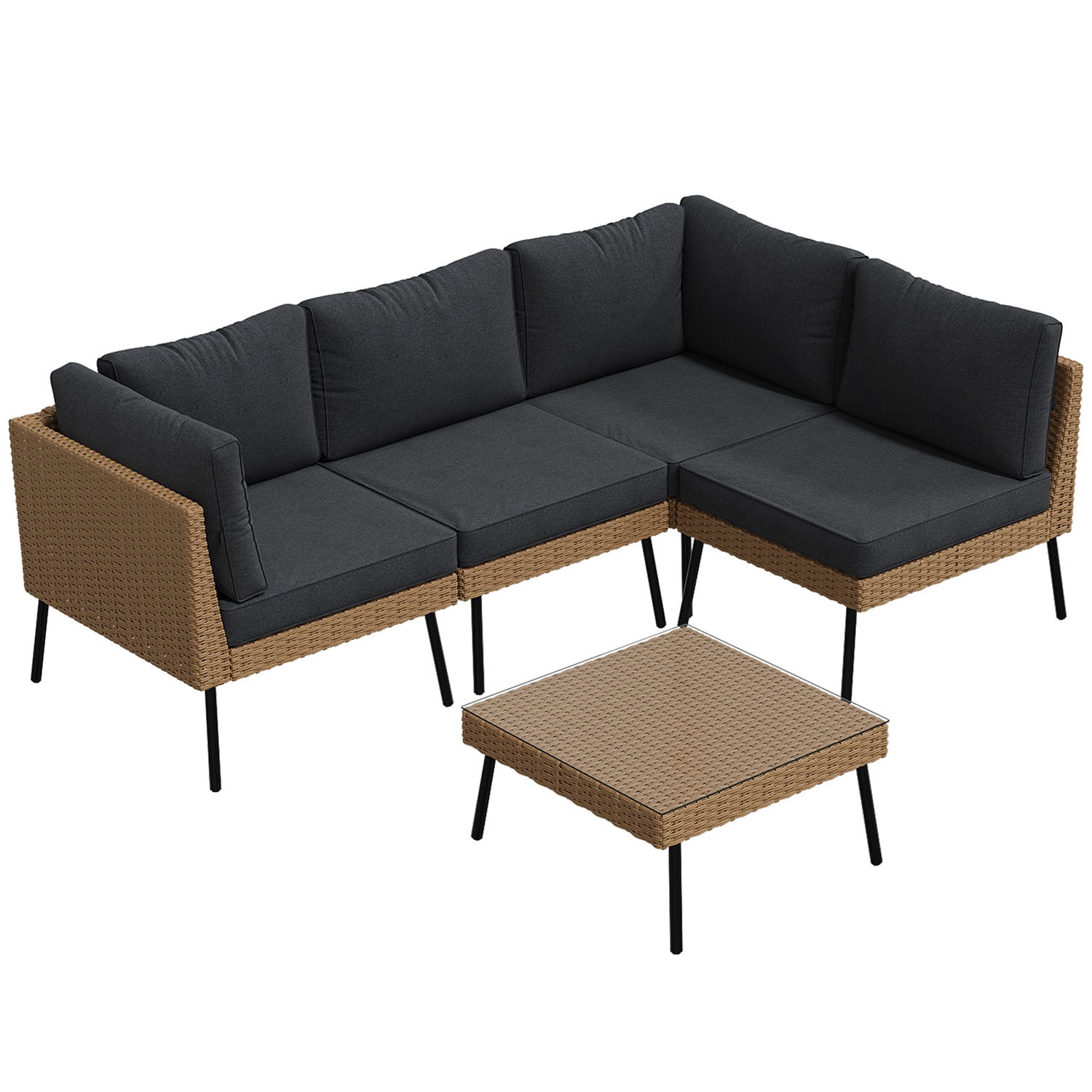 BaPiPro 5-Piece Modular Outdoor PE Rattan Sectional Sofa Set, All Weather Patio Furniture with Removable 4" High Density Cushions & Tempered Glass Coffee Table for Backyard Garden Courtyard, Black