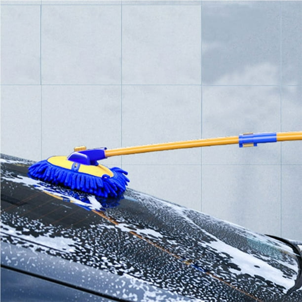 Cepillo de lavado de varilla curvada telescópica Cepillo de coche Cabello suave No daña el coche (Azul)