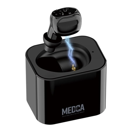 MEDca Digital Hearing Aid Rechargeable - HD Sound Hearing Amplifier for Adults and Seniors w/Charging Base, Intelligent Noise Reduction - Single Hear Assist Unit for Either Right or Left Ear, Black