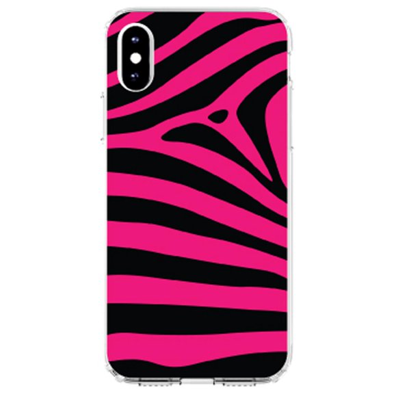 DistinctInk Clear Shockproof Hybrid Case for iPhone X / XS (5.8" Screen) - TPU Bumper, Acrylic Back, Tempered Glass Screen Protector - Black Hot Pink Zebra Skin Stripes