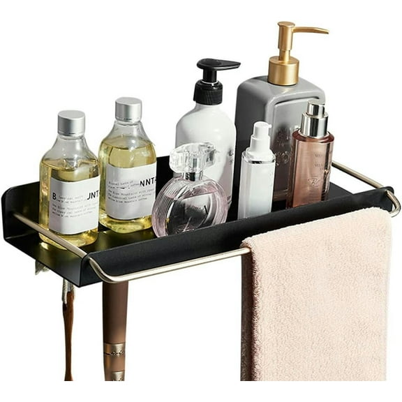 Shower Caddy Bathroom Shelves No Drilling Shower Shelf with towel rack Shower Caddy Self Adhesive with hook Wall Mounted black for kitchen bathroom-60cm