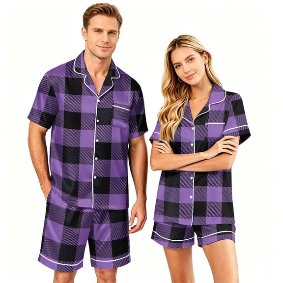 Mens Pajamas Set Shorts Matching Pajamas for Couples Men's Pajama Sets Button Up Pajamas for Women Couples Pajamas Matching PJS for Couples His and Hers Jammies Wife and Husband Lounge Sets, Black, L