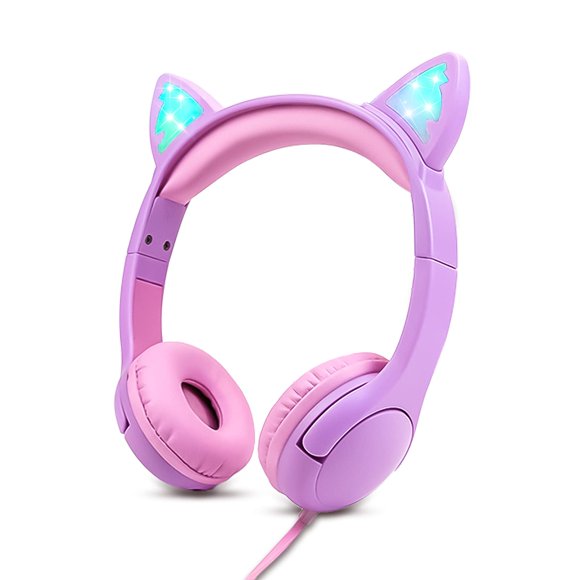 Auriculares Olyre para niños, control de volumen seguro de 85 dB, orejas de gato luminosas
