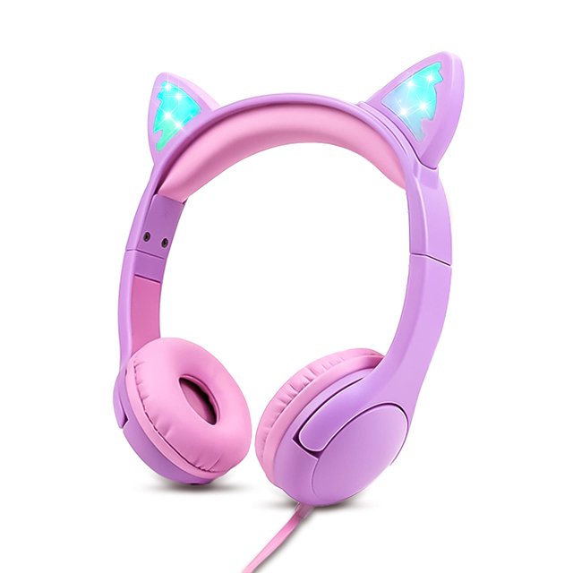Auriculares Olyre para niños, control de volumen seguro de 85 dB, orejas de gato luminosas