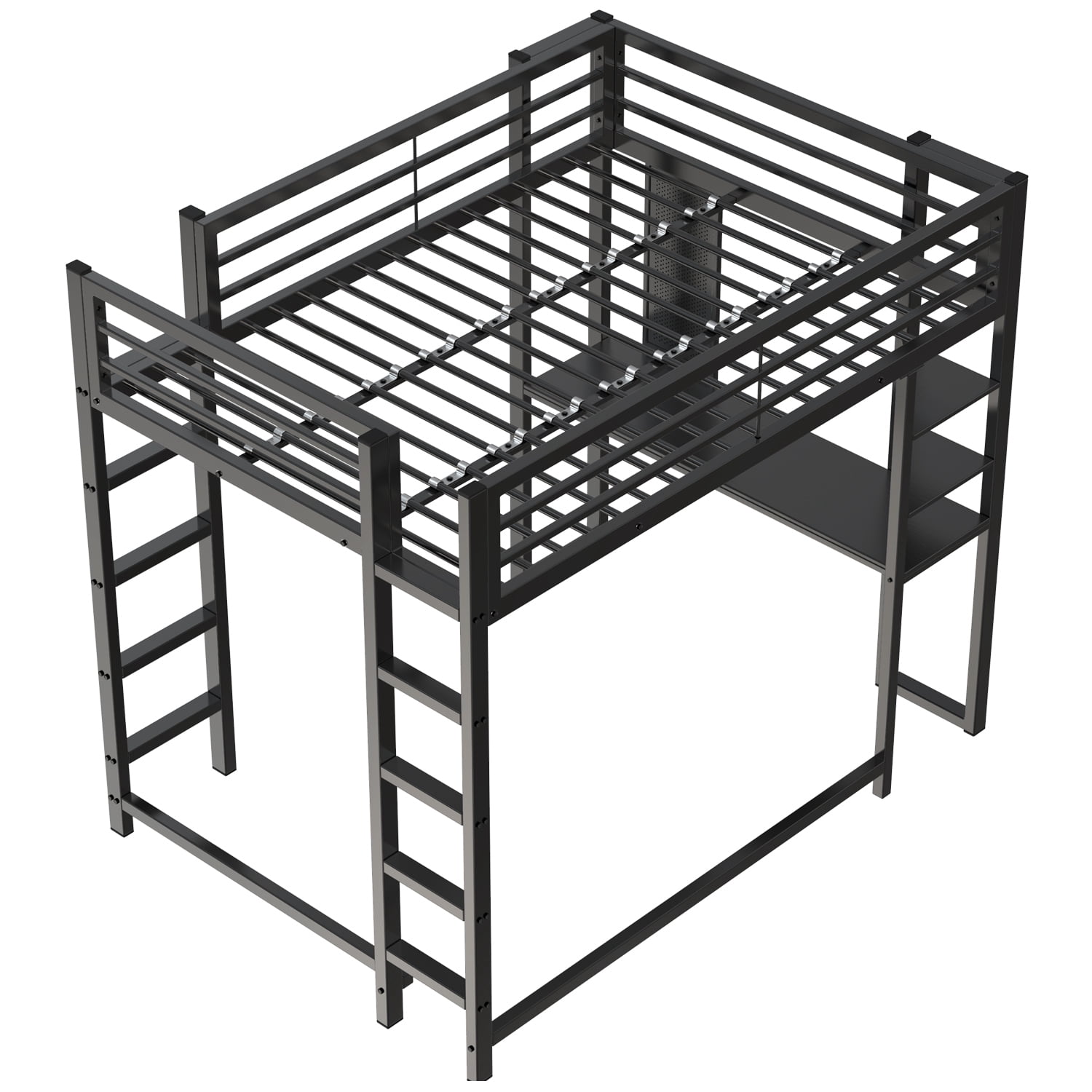 Alvantor Full Size Loft Bed Frame with Desk & Open Shelves, Heavy Duty Metal Bed Frame for Boys Girls Teens Black