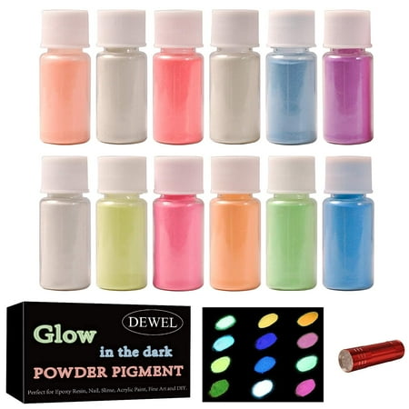 DEWEL 12 Color Glow in The Dark Pigment Powder, Premium Luminous Powder with Lamp - Epoxy Resin Luminous Powder for Slime, Long Lasting Self Glowing Dye for DIY Nail Art, Fine Art, 0.7oz Each