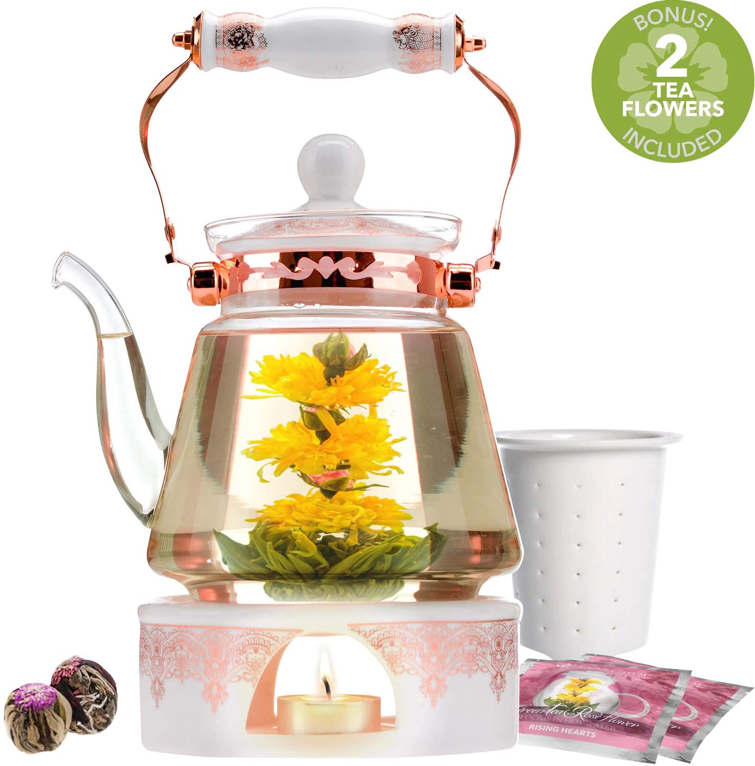 Teabloom Buckingham Palace Teapot & Flowering Tea Gift Set (6 Pieces) - Stovetop Safe Glass Teapot (40 OZ / 1.2 L / 4-5 CUPS), Porcelain Lid, Tea Warmer... - image 3 of 6