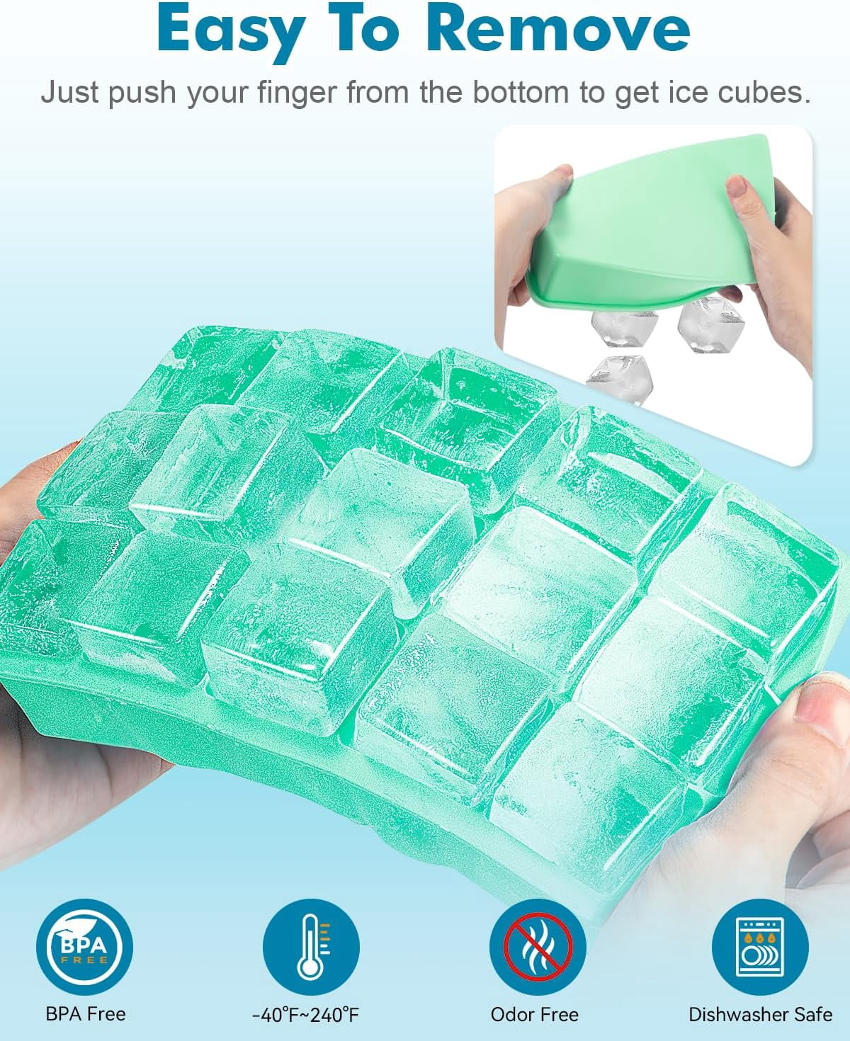2-Pack Silicone Ice Cube Trays – 1.25" Square, 30 Cubes (15 per Tray), Easy-Release – BPA-Free – For Freezer/Cocktail/Whiskey – 5 Colors