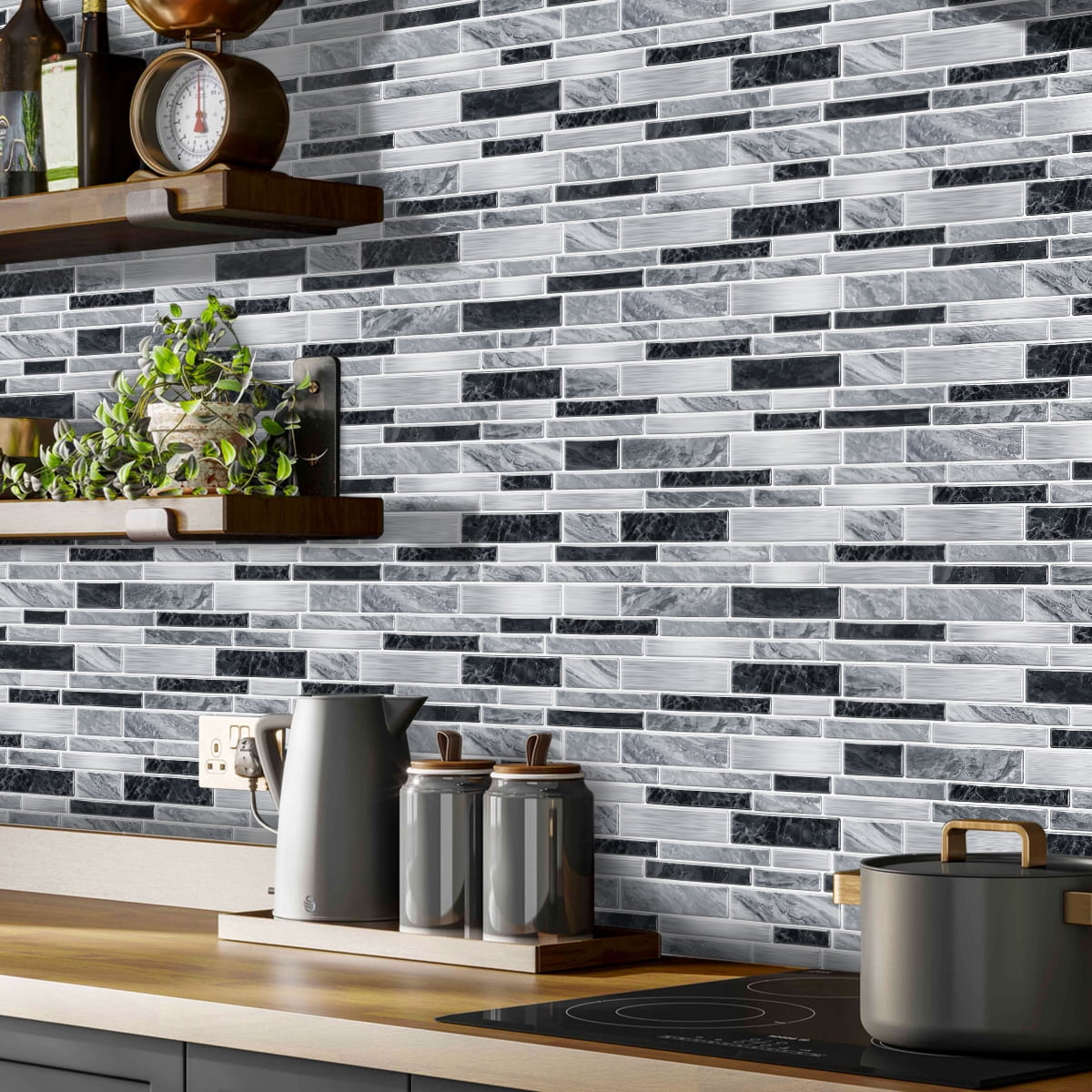 Peel and Stick Backsplash Wall Tiles,Self-Adhesive,Oil Proof,Waterproof, Removable Wall Panels for Kitchen & Bathroom,Modern Design, Easy Install (9.68x4.72 inch,48 Pack)