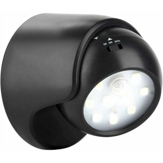 Battery Operated, 360° Rotating, Tiltable Outdoor Lighting 1000 Lumens LED Motion Sensor Wall Light by Funavi. This black, wall-mounted LED light features a motion sensor, adjustable tilt, and 360° rotation for versatile outdoor or indoor use. It offers 1000 lumens of brightness and can be installed using a 3M adhesive pad or screws (included). The light is splash-proof, suitable for covered outdoor areas like porches or roof overhangs, and can be detached for use as a flashlight. Configurable in ON/OFF or AUTO mode for motion-activated lighting.