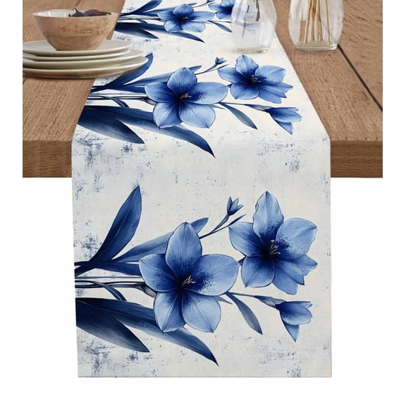 Blue Floral Spring Table Runner 60 Inches, Vintage Verdant Flower Patterns Bed Runner Dresser Scarves Tabletop for Indoor Outdoor Parties/Ceremony/Banquet, 13" x 60"