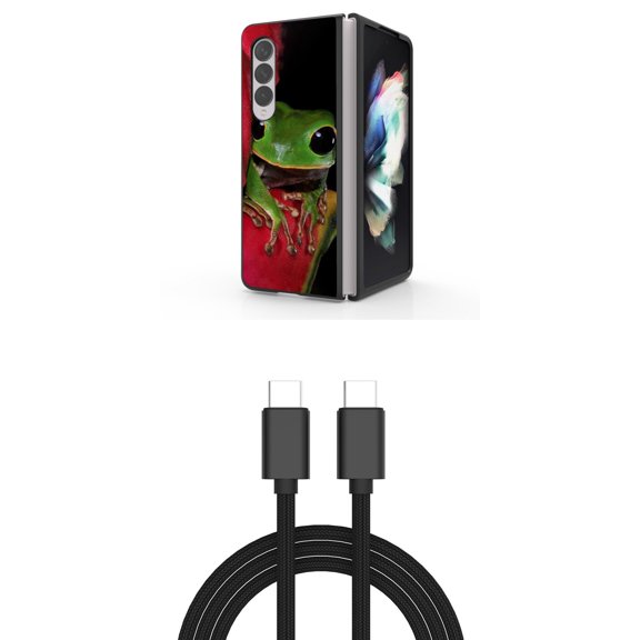 Accessory Bundle for Galaxy Z Fold 4: Slim Snap-On Case (Green Frog), PD Power Delivery USB-C to USB-C Cable (3 Feet)