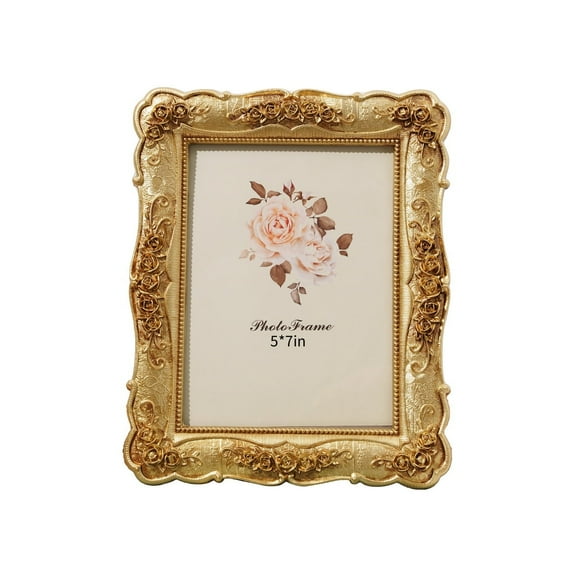 5x7 Vintage Picture Frame, Vintage gold  Flower Textured Hand-Crafted Resin with Glass Front Elegant Retro Vintage Design Photo Frame for Tabletop Display Home Decor(gold)