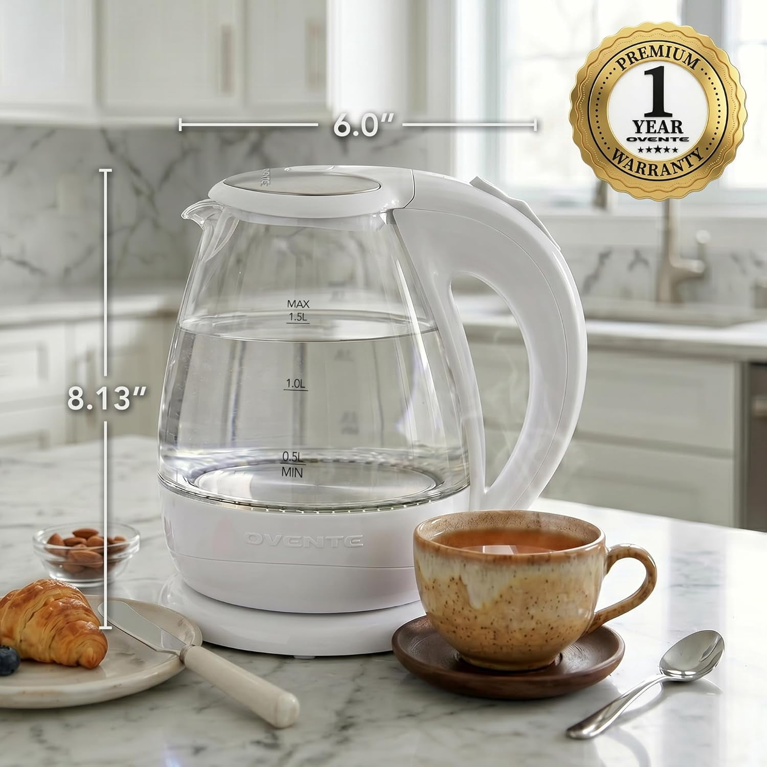 OVENTE 1.5L Glass Electric Kettle with Blue LED Light, 1100W Lighted Countertop Water Heater and Boiler for Coffee or Tea, Auto Shut-Off, Boil Dry Protection and Stainless Steel Lid, White KG845W