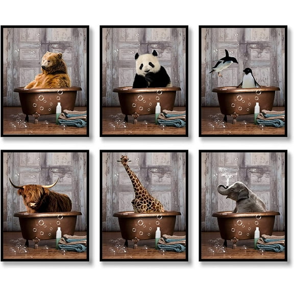 Animal Bathroom Wall Art Prints Set of 6 Canvas Posters Pictures Photos Bathroom Artwork Wall Decor (Black and White, 8"x10" UNFRAMED)