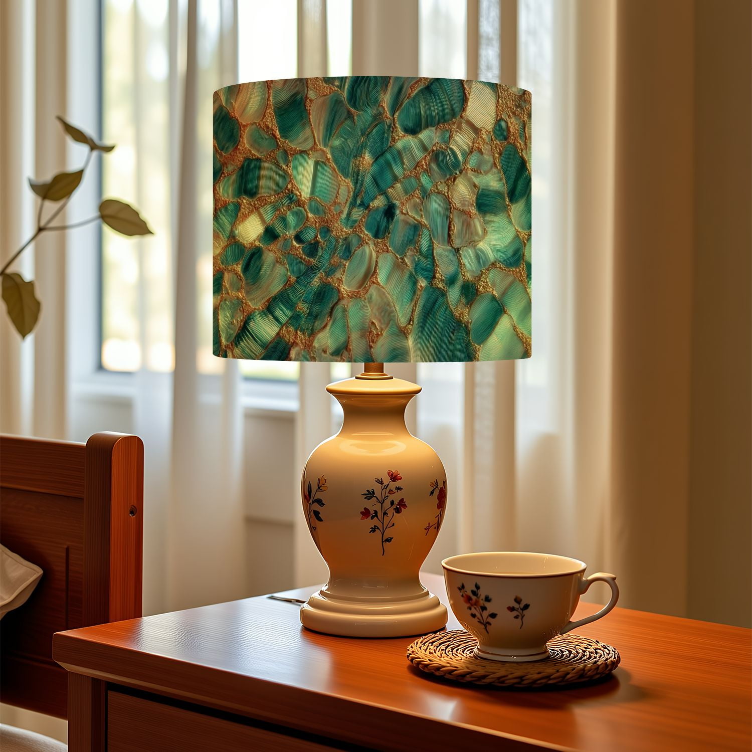 Linen Drum Lampshades Pearl Abstract Seashell Crystal Mineral Texture Abalone Teal Gold 13"x13"x10" Light Shade for Table Lamps Floor Lamps Drum Lamp Shades Lampshade Replacement Assembly Required