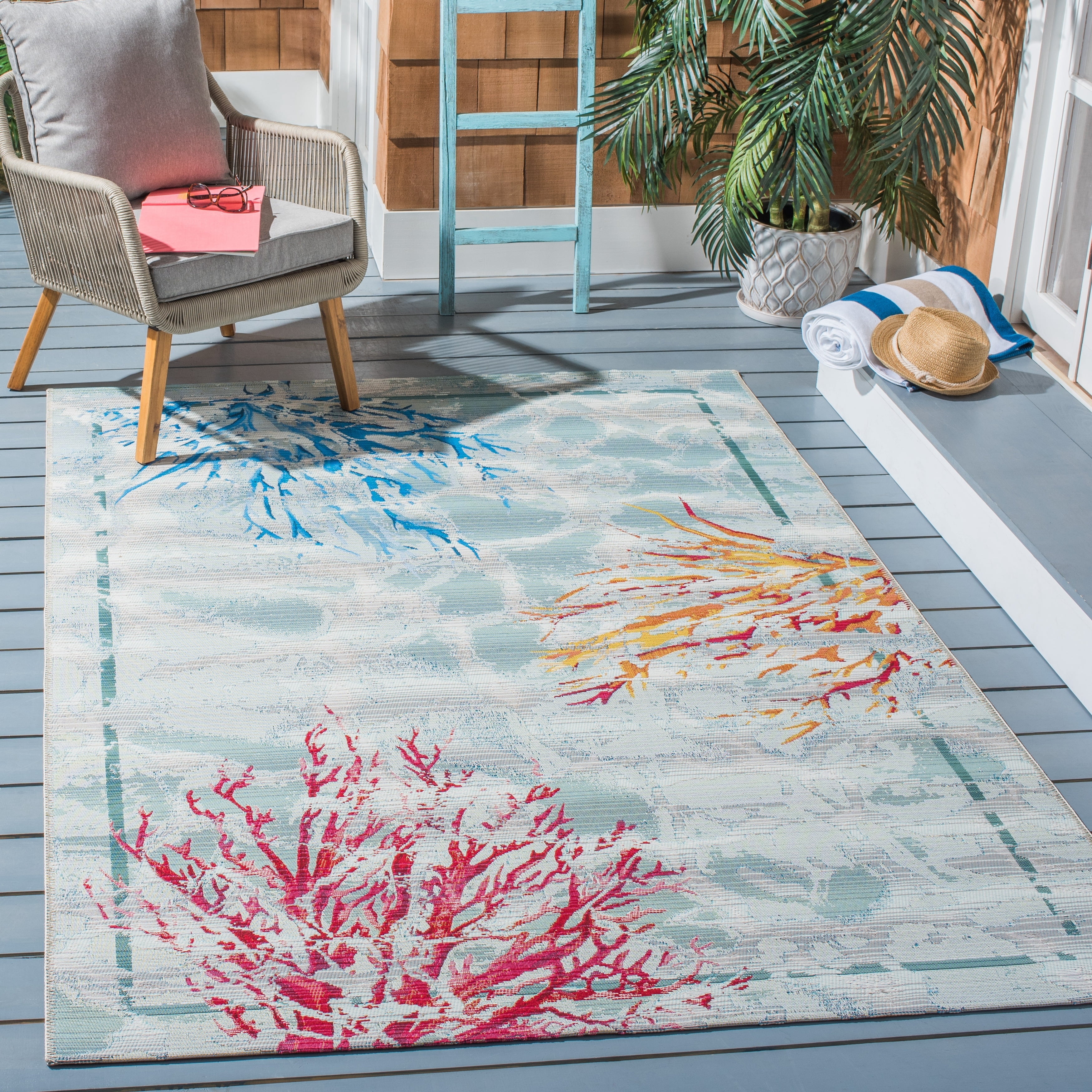 SAFAVIEH Barbados Coral Outdoor Area Rug, Teal/White, 6'6" x 6'6" Square