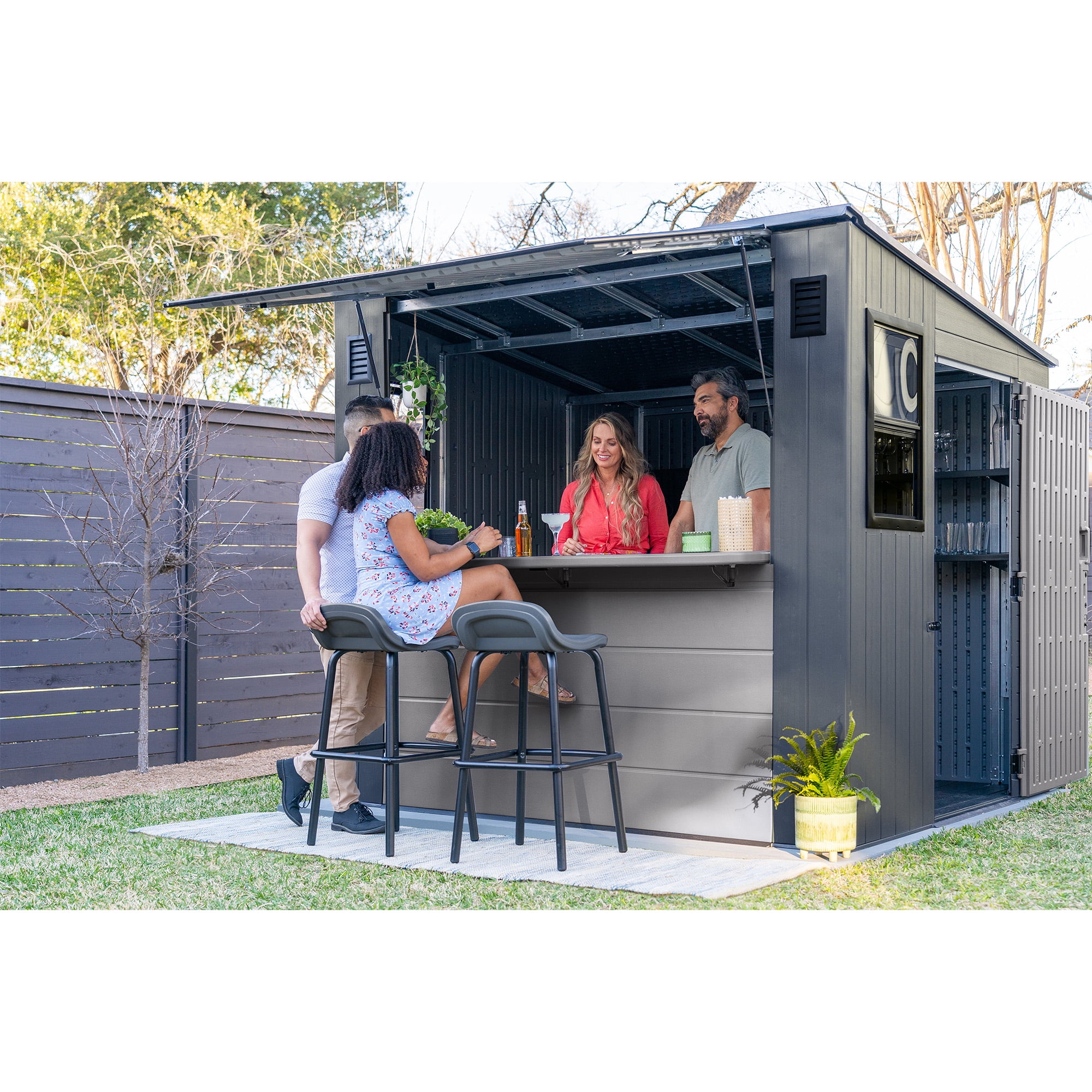 Suncast 8' x 7' Cabana Entertainment Storage Shed, All-Weather Outdoor Shelter, Gray